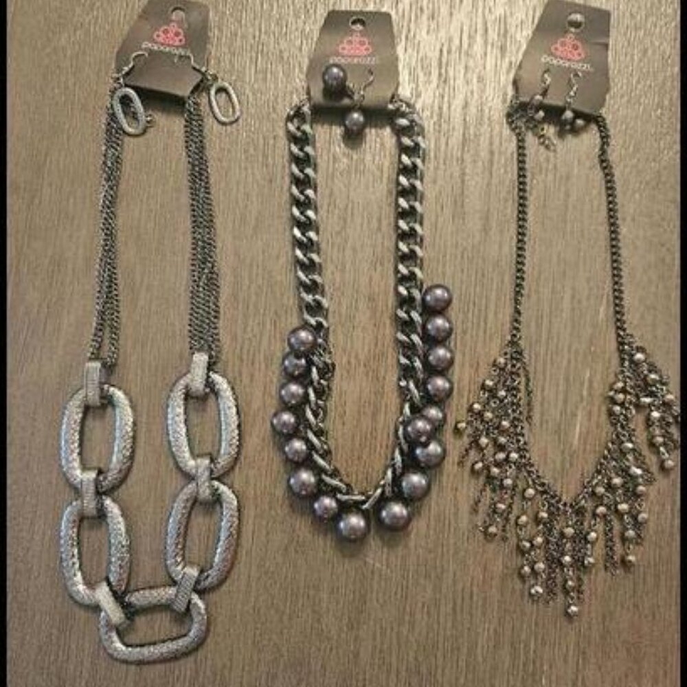 Lot of 3 New Paparazzi Gun Metal Necklaces with accent Earrings! Rock N Roll!